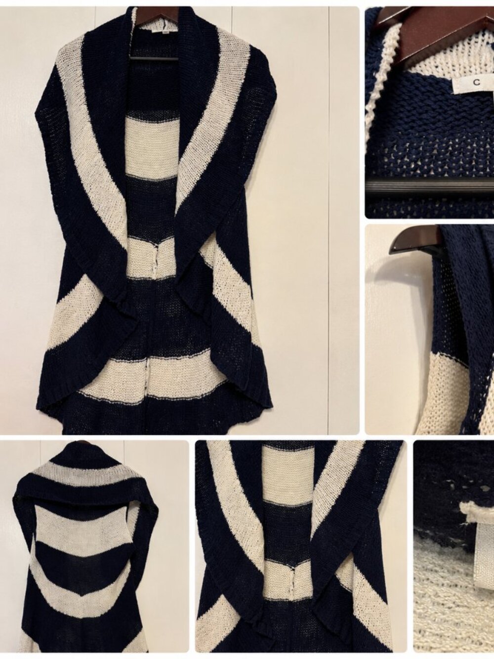 CAbi Navy & Cream Striped Open Front Knit Cardigan Medium